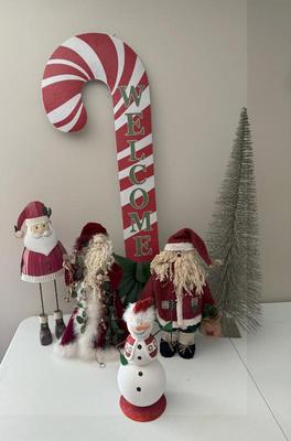 Large Christmas Decor Lot- Santa's, Snowman, Candy Cane Metal Sign & Glitter Tree
Lot #: 372