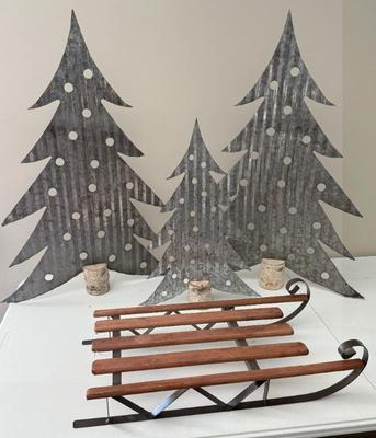 Lot (3) Metal Trees With Wood Bases & Metal/wood Sled
Lot #: 373