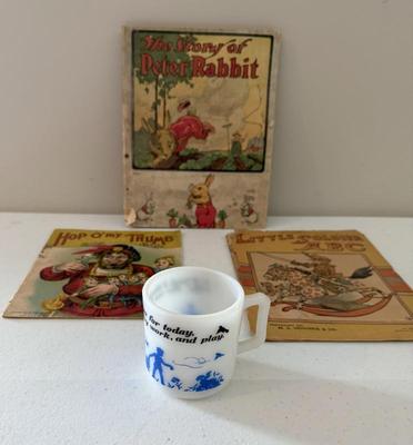 Lot (3) Vintage Children's Books & Children's Milk Glass Mug
Lot #: 180