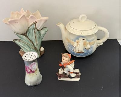 Vintage McCoy Tulip Vase, Sailing China Teapot, German Hatpin Holder, German Figurine
Lot #: 105