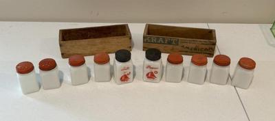 Lot Vintage Milkglass Spice/Salt & Pepper Shakers & (2) Wooden Cheese Box- Kraft & Unbranded
Lot #: 223