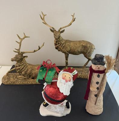 Lot Of Christmas Decor- Santa, Snowman, Pair Gold Elk
Lot #: 387