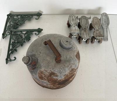 Lot Vintage Clamp-on Roller Skates, Gas Can & Modern Grape Leaf Shelf Brackets
Lot #: 134