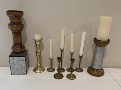 Lot (9) Decorative Brass, Wood & Metal/wood Candle Holders
Lot #: 282