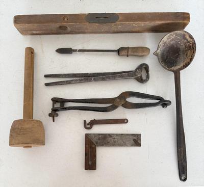 Lot (8) Vintage Tools- Kee's Mfg Beatrice, NE Wrench, Mallet, Ladle, Worth Square, Wood Level & More
Lot #: 74