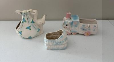 Lot (3) Vintage Japan Porcelain Pieces- Elephant Train, Stork, & Bassinet
Lot #: 177