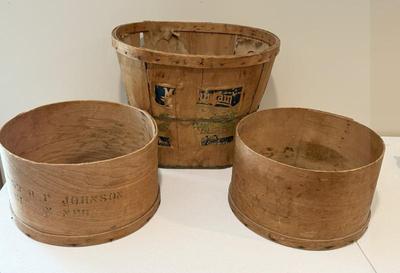 Lot (2) Vintage Wooden Cheese Boxes- One "HF Johnson, Gibbon, NE" & (1) Wooden Apple Basket
Lot #: 213