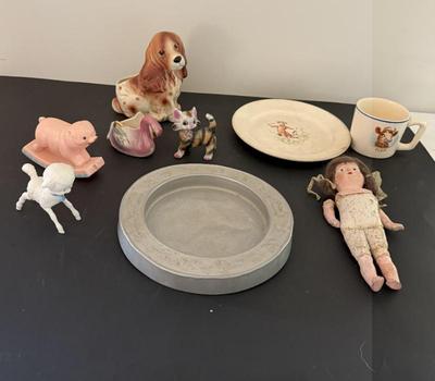 Vintage Children's Lot- Puppy Planter, (2) Rattles, Swan, Kitty, Doll (As-is) Elsie The Cow Cup & Plate, Dish
Lot #: 179