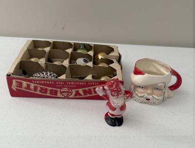 Vintage Ornaments, Santa Cup And Vintage Plastic Santa.
Lot #: 370