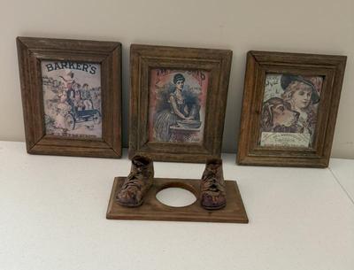 Lot (3) Reproduction Advertisements In Glass Front Frames & Bronzed Baby Shoes
Lot #: 181
