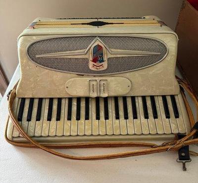 Vintage Castelfidardo Italian Piano Accordion With Mother Of Pearl-like Finish & Nobility Accordions Case