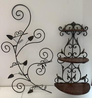 Lot (2) Wall Decor- Grapevine Plate Holder & Folding Metal & Wood Wall Shelf
Lot #: 154