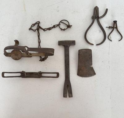 Vintage Tool Lot- Bridgeport "Nox Tox", Keen Kutter Axe Head & Calipers & Antique Animal Trap
Lot #: 136