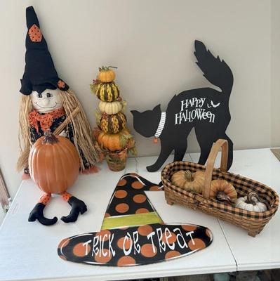 Halloween Decor Lot- Wooden Cat Sign, Metal Witch Hat Sign , Pumpkins, Basket, Witch & More
Lot #: 345