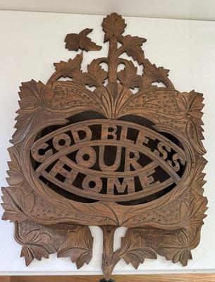 Vintage Walnut Newspaper/magazine Wall Rack "God Bless Our Home" (as-is)
Lot #: 124