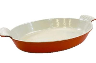 Sale Photo Thumbnail #144: Le Creuset #28 Flame Orange Au Gratin Oval Open Baker Enamel Cast Iron Vintage