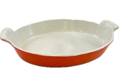 Sale Photo Thumbnail #143: Vintage Le CREUSET"#24 D~ Orange Iron Enamel Oval Baking Dish