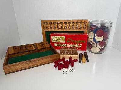 Assortment Of Vintage Clay Poker Chips, Dragon Dominoes & Shut The Box Games