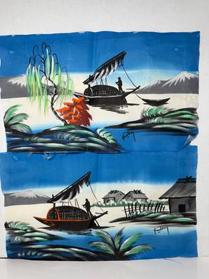 Pair Of Asian Landscape Hand Painted Cloth Panels 