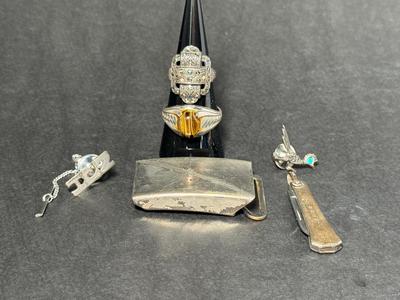 Vintage Sterling Belt Buckle, Rings, Lapel Pin & Pocket Knife