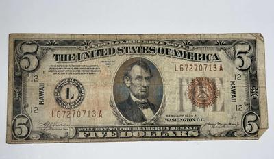 1934-A $5 Federal Reserve Note Hawaii Emergency Note