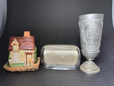 Antique German Pewter Goblet, Clay Cottage & Concordia College Paperweight 
