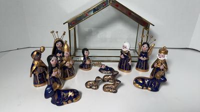Tonala Mexico Hand Painted Blue Gold Clay Nativity