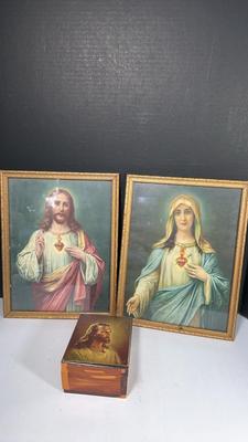 Sacred Heart Jesus & Mary Vintage Prints & Box