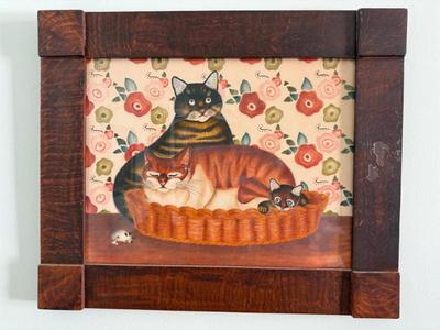 Original 1982 Theorem Stencil Painting Cats In A Basket