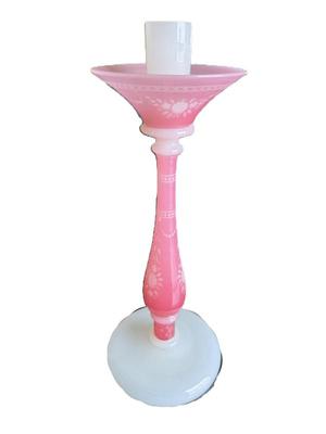 Antique Carder Steuben Glass Candlestick In Rosaline & Alabaster