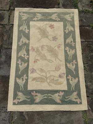 Vintage Hooked Rug In Tones Of Ivory, Green & Pink