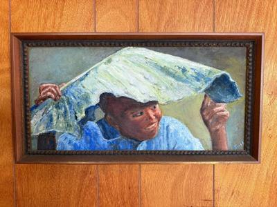 Original Painting Boy Hiding Beneath A Leaf