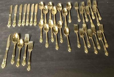 Vintage gold tone holly stainless steel japan flat ware