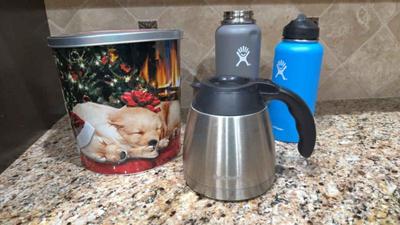 Metal tin mr coffee carafe grey hydroflask blue hydroflax