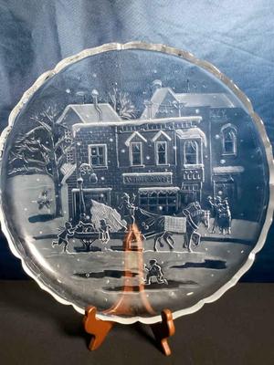 Pressed glass platter with a winter scene