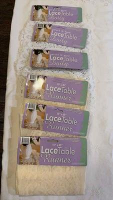 Lace table runner beige 3) lace table doily white (3)