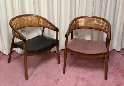 Pr. of MCM James Mont King style caned sidechairs.