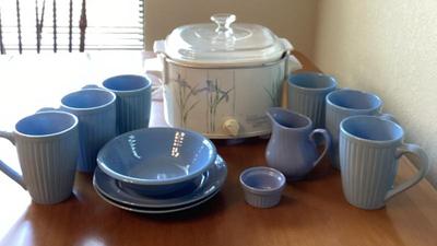 Rival crock pot with corning ware sis cup two plates one blow creamer