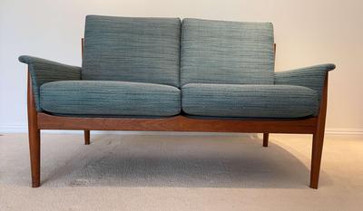 John Stuart Mid-Century Modern Teak Loveseat with Blue Upholstery