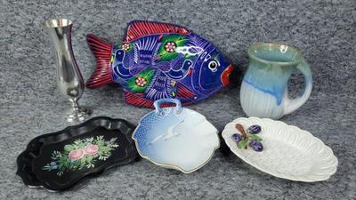 Pottery nut dishes, pewter vase, mexican fish wall hanging