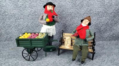 Byer s choice carolers fruit seller, park bench bird feeder