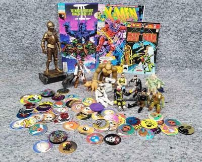 Vintage action figures pogs, comic books