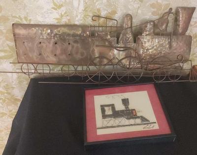 VINTAGE METAL HANGING WALL ART "A LOCOMOTIVE" & LÉCTRIQUE TRAIN ART BY NICHOLAS BASSILL