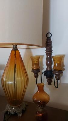 AMBER-COLORED GLASS LAMP, SCONCE, AND LANTERN 
