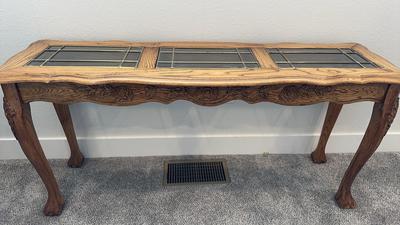 Oak Leaded Glass Top Sofa Table