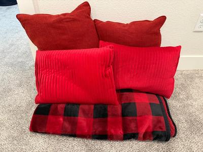 Red & Black Buffalo Check Blanket & 4 Red Throw Pillows 