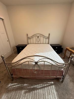 Milano Antique Pewter Queen Metal 4-Poster Bed W/Serta Mattress & Box Spring 