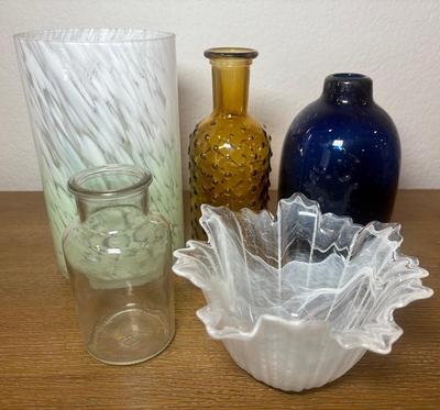 Murano Swirl Glass Bowl, Free Form Acrylic Bowl & Green Ombré Cylinder Vase