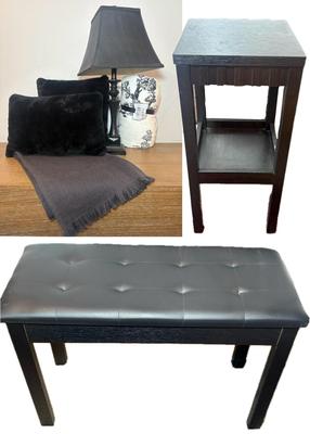 Black Lamp, Piano Bench, Side Table & Victoria Secret Blanket w/ Pillows