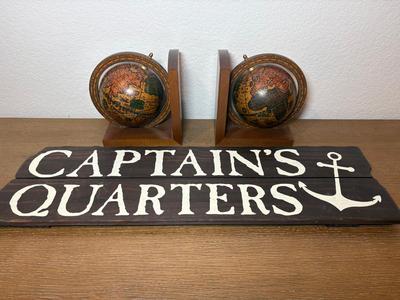 “Captain’s Quarters” Wall Decor & Antique Looking Globe Bookends